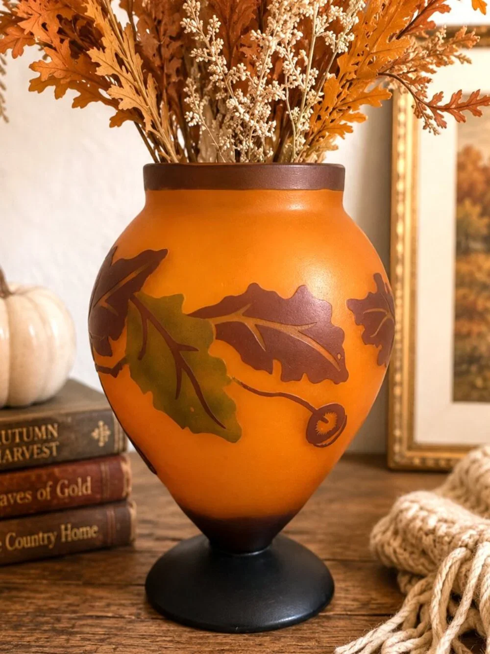 VTG Teleflora Cameo Autumn Oak Leaf Frosted Glass Vase Amber Orange Pedestal